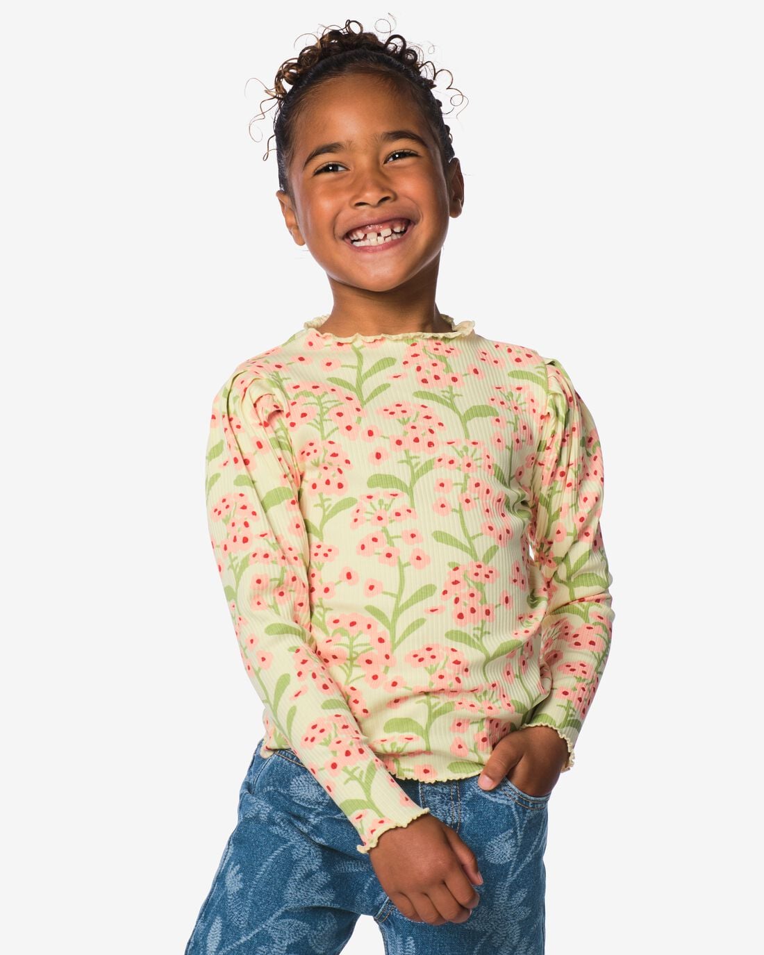 HEMA-HEMA-Kinder-T-shirt-Rib-Bloemen-Lichtgeel-lichtgeel