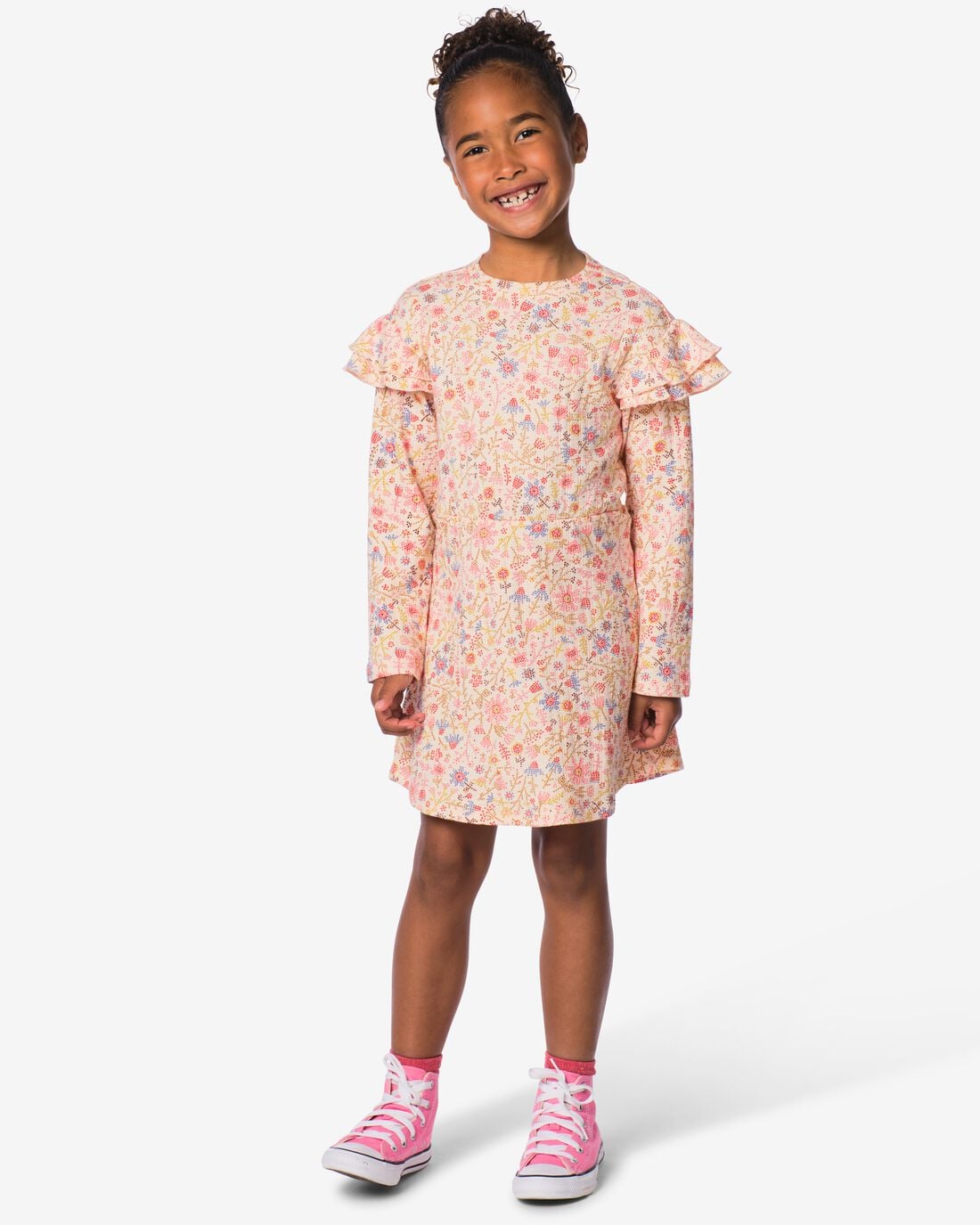 HEMA-HEMA-Kinderjurk-A-lijn-Rib-Bloemen-Roze-roze