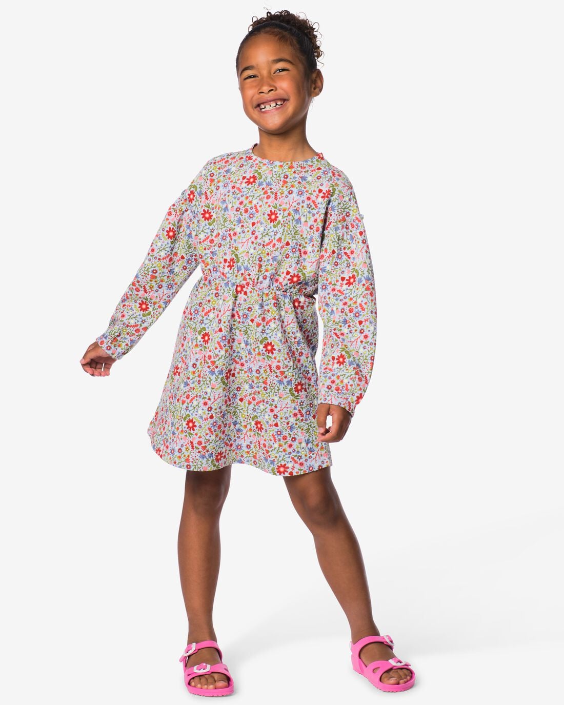 HEMA-HEMA-Kinderjurk-Regular-Fit-Rib-Bloemen-Blauw-blauw