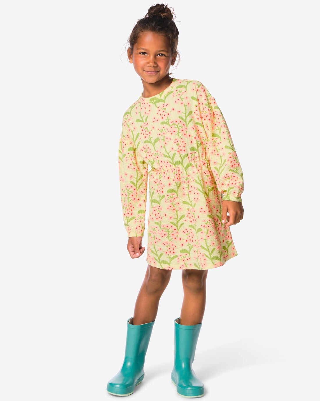 HEMA-HEMA-Kinderjurk-Regular-Fit-Rib-Bloemen-Lichtgeel-lichtgeel