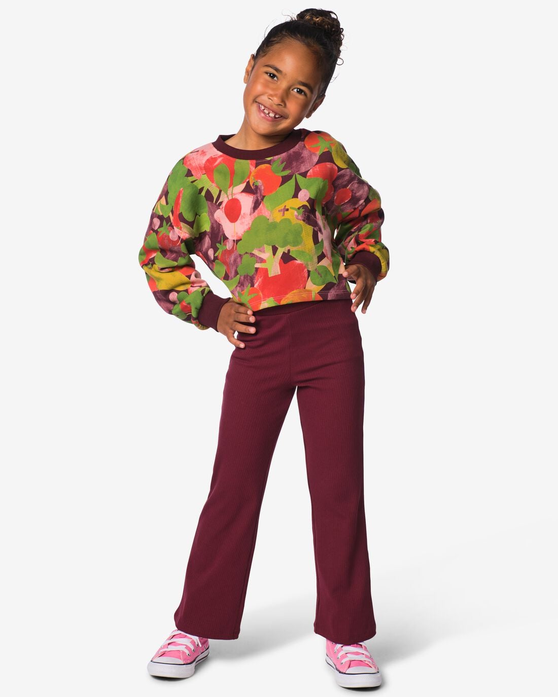 HEMA-HEMA-Kinderkledingset-Regular-Fit-Rib-Bloemen-Bordeauxrood-bordeauxrood
