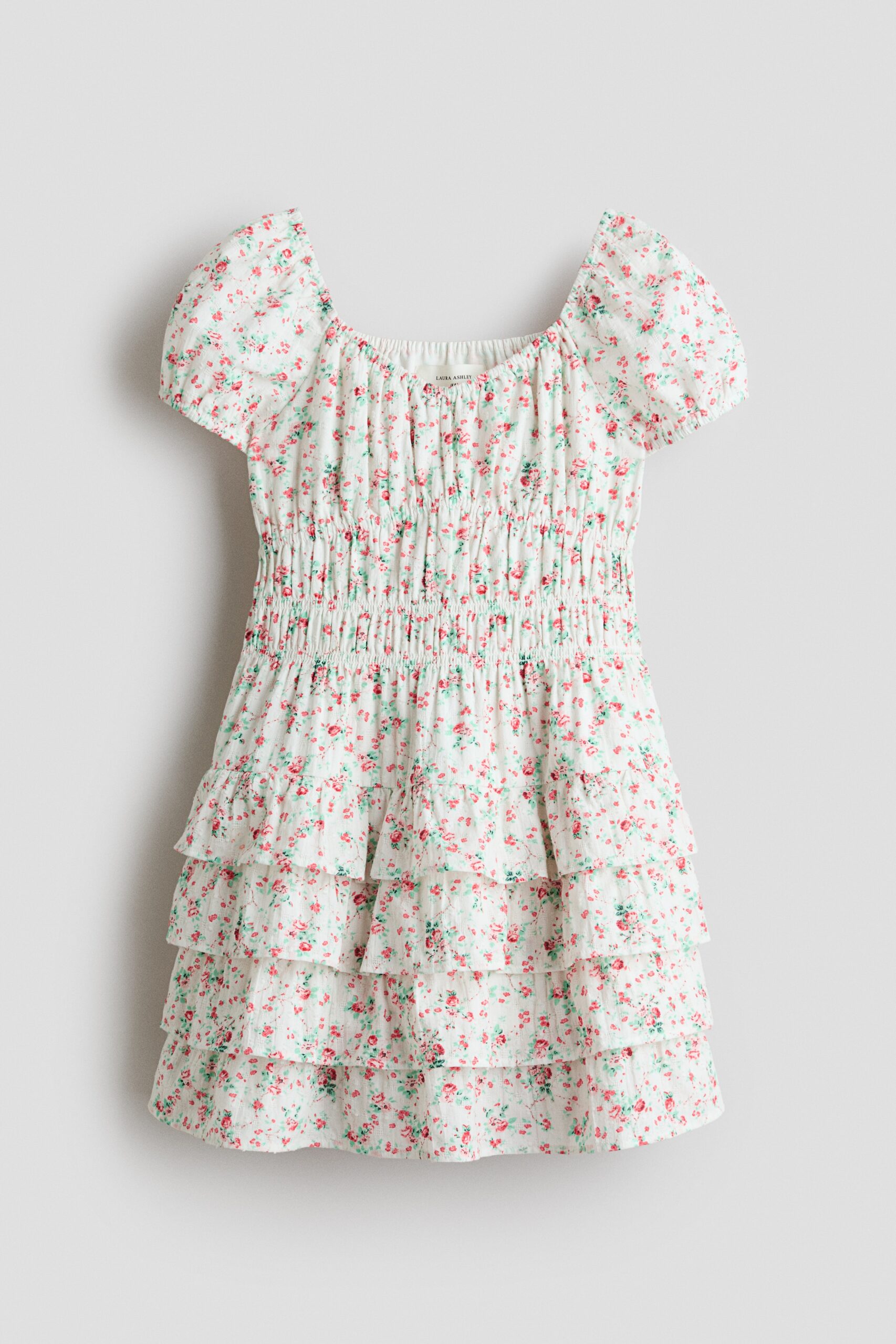 H & M - Gedessineerde katoenen jurk met pofmouwen - Wit/Bloemen