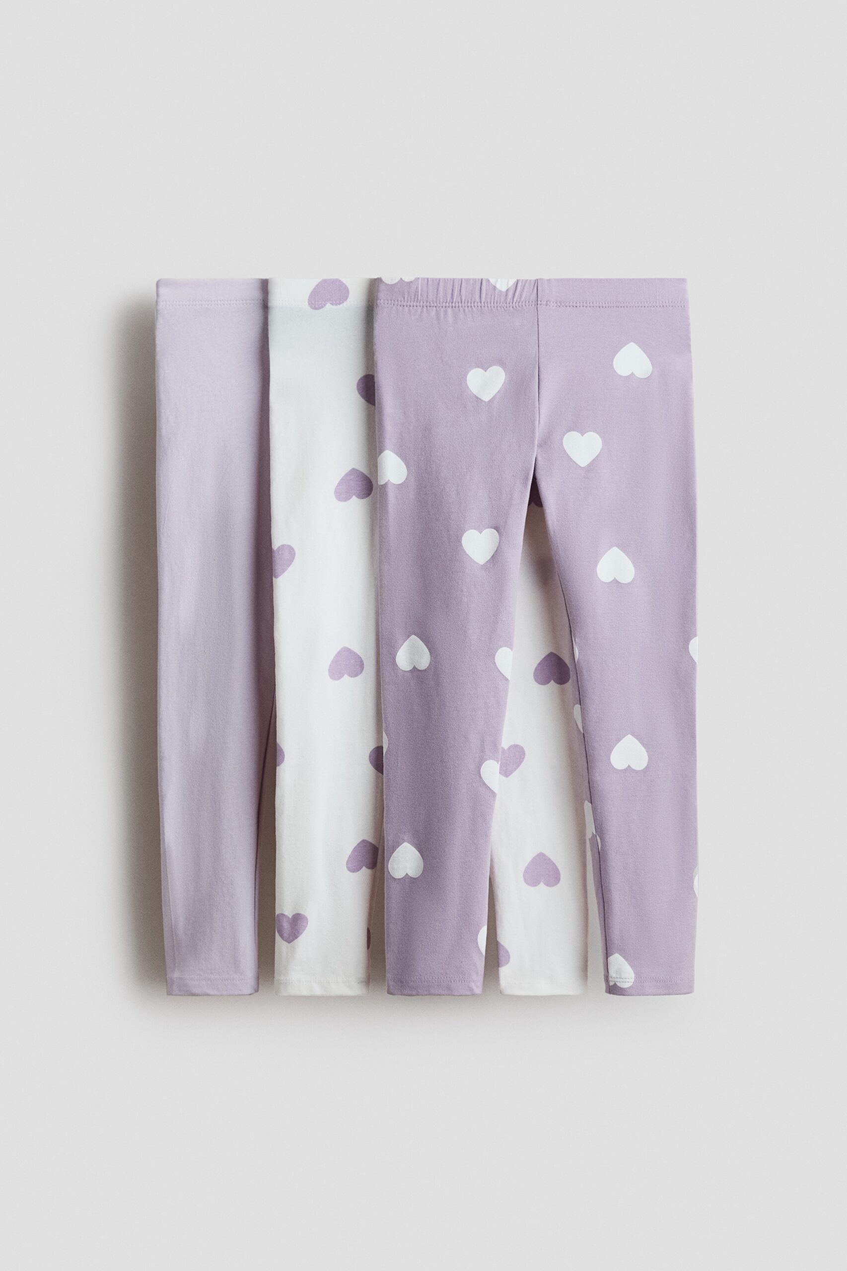 H & M - Set van 3 leggings van katoenen tricot - Wit/Lila Hartjes