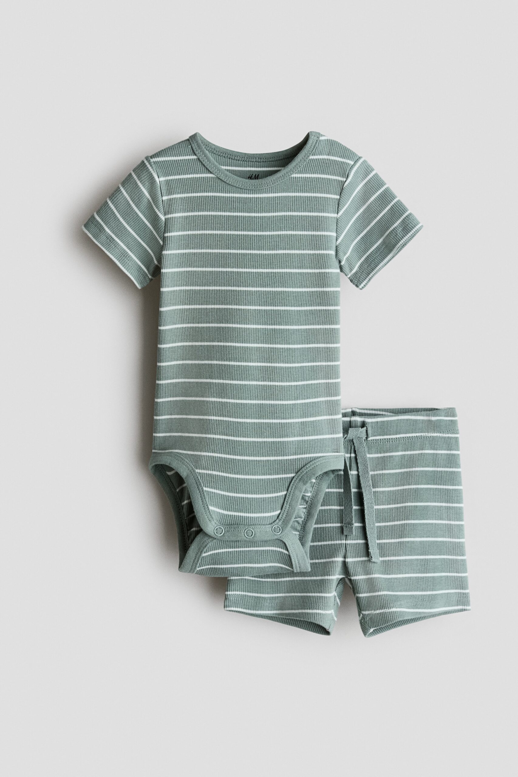 H & M - Tweedelige geribde katoenen set - Dusty Groen/Wit Gestreept