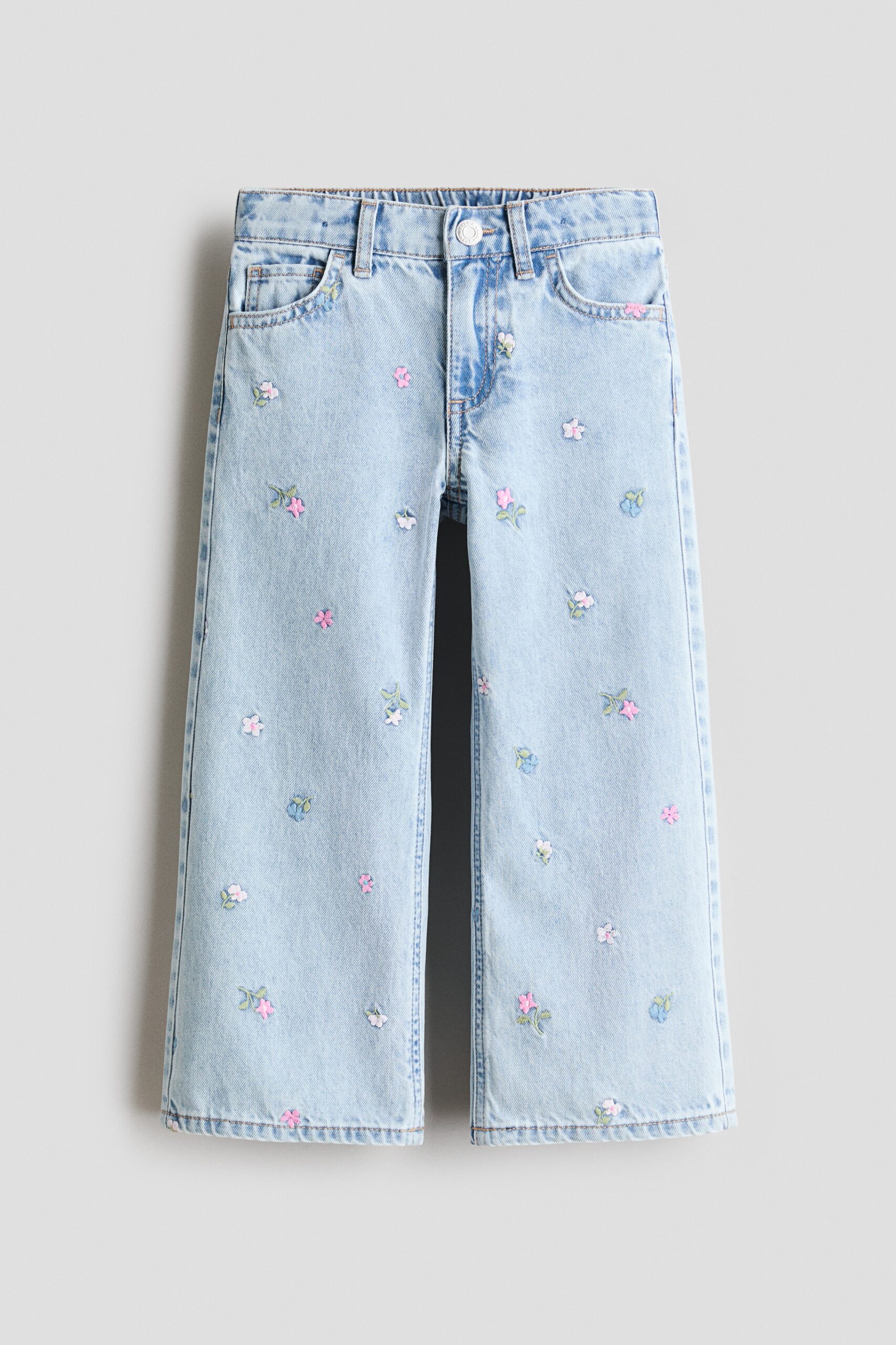 H & M - Wide Leg jeans met motieven - Licht Denimblauw/Bloemen