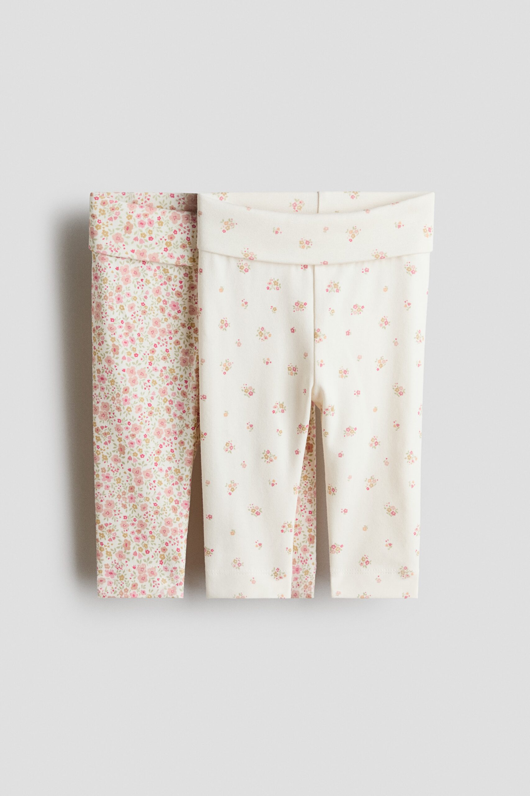 H & M - Set van 2 katoenen tricot leggings - Wit/Bloemen