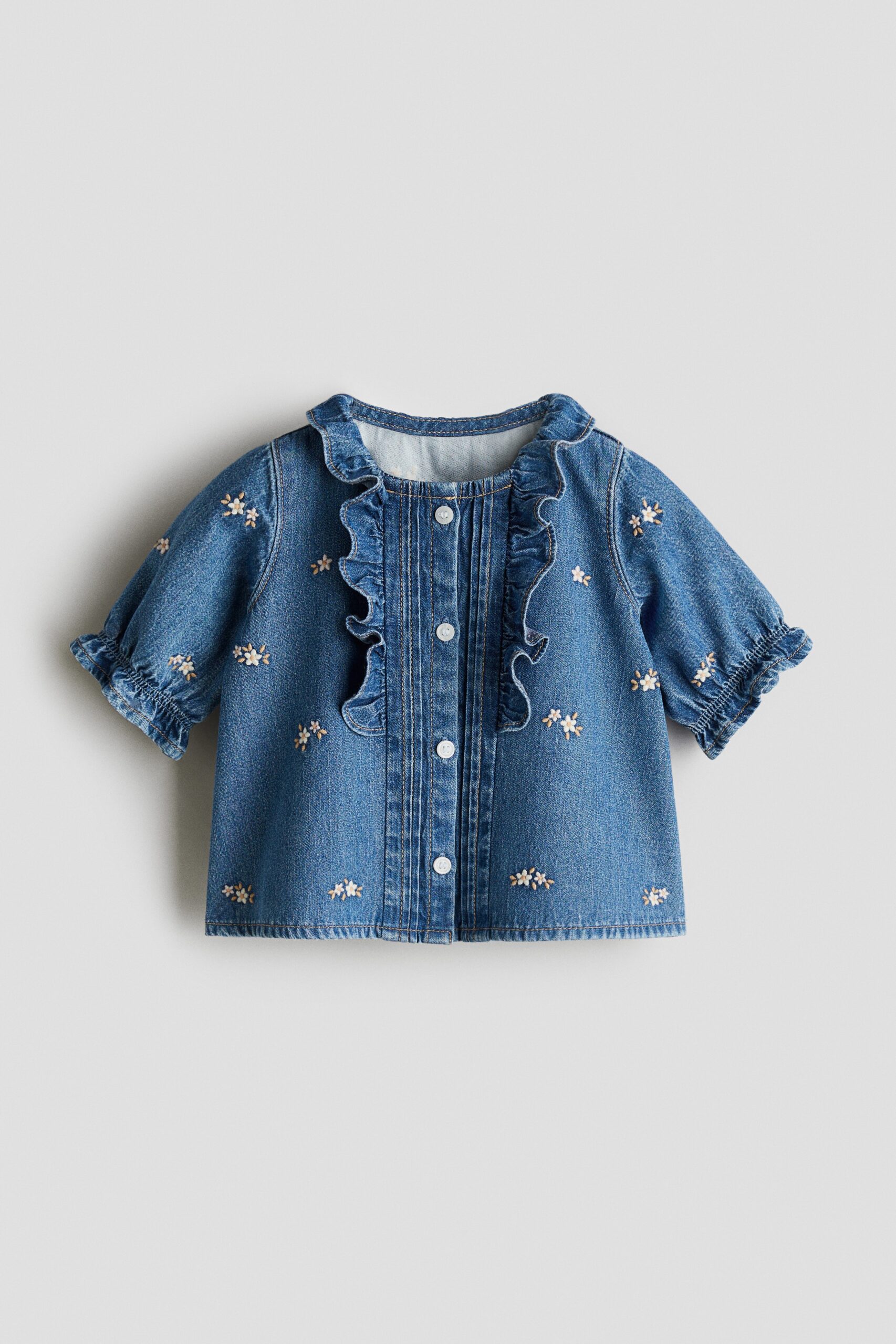 H & M - Denim blouse met borduursel - Denimblauw/Bloemen