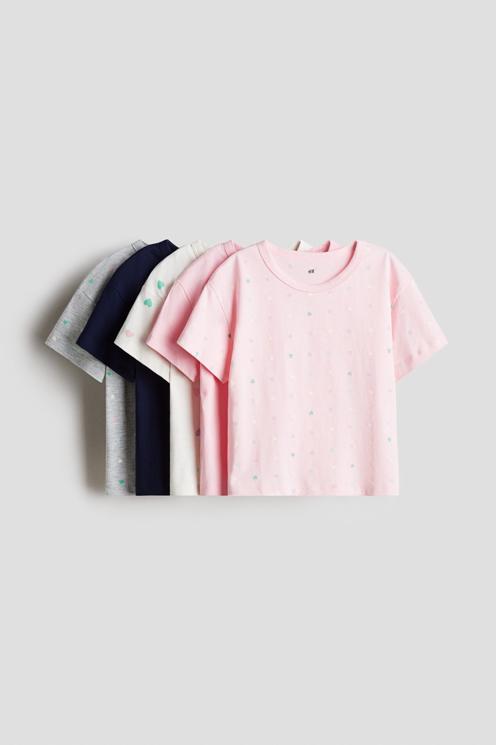 H & M - Set van 5 katoenen T-shirts - Lichtroze/Hartjes