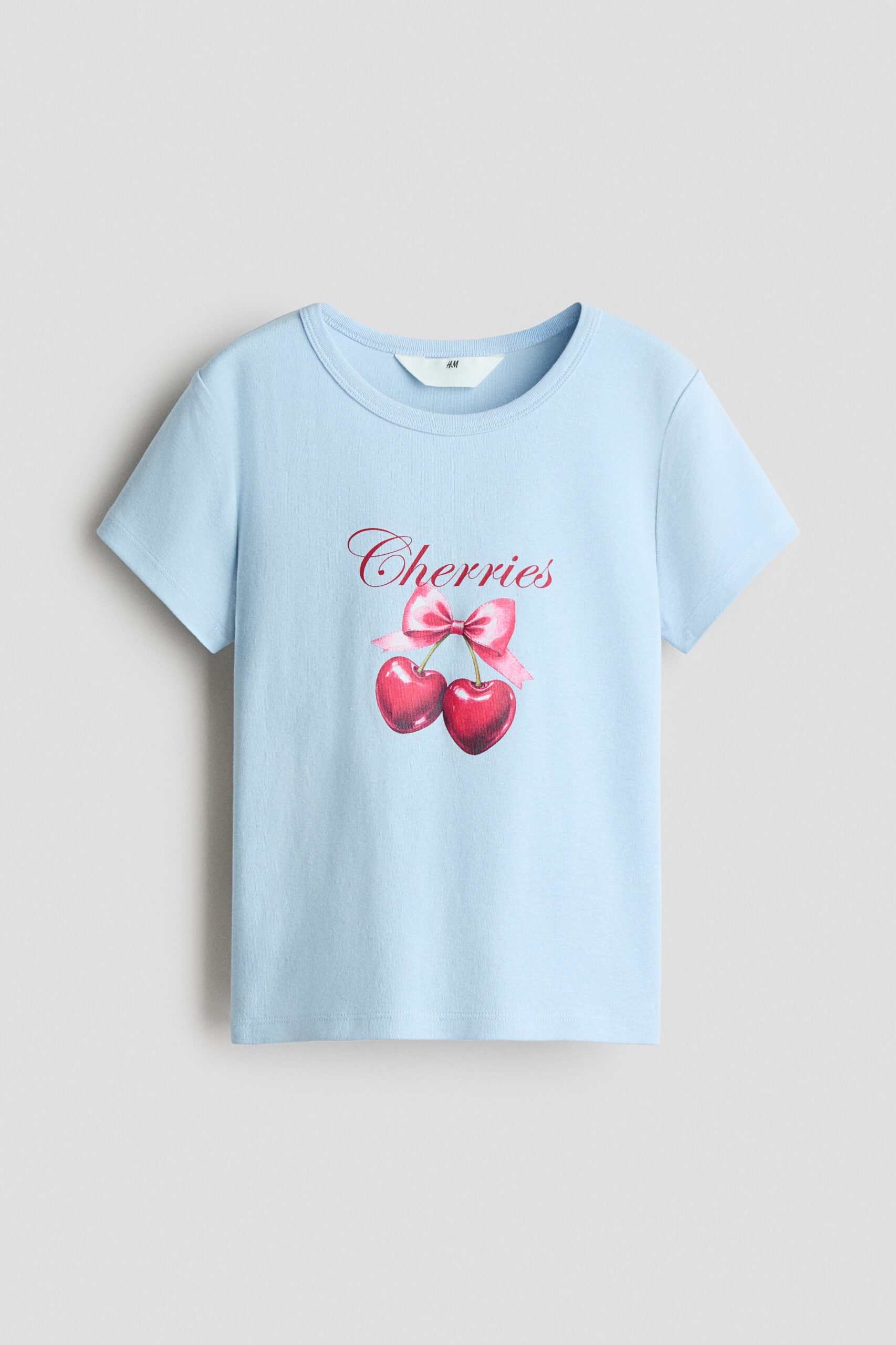 H & M - Katoenen T-shirt met geprint motief - Dusty Blauw/Cherries