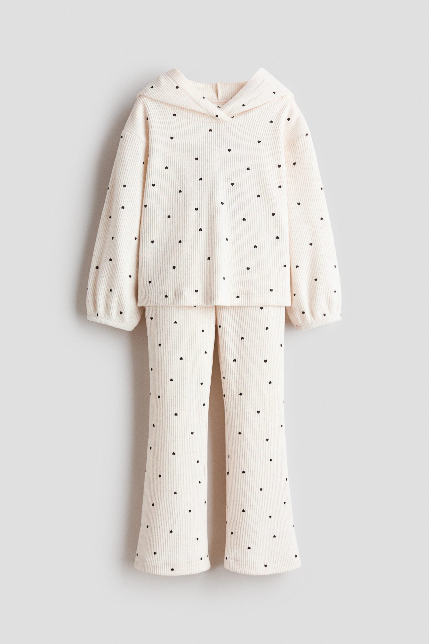 H & M - Tweedelige ribgebreide set - Lichtbeige Gemêleerd/Hartjes