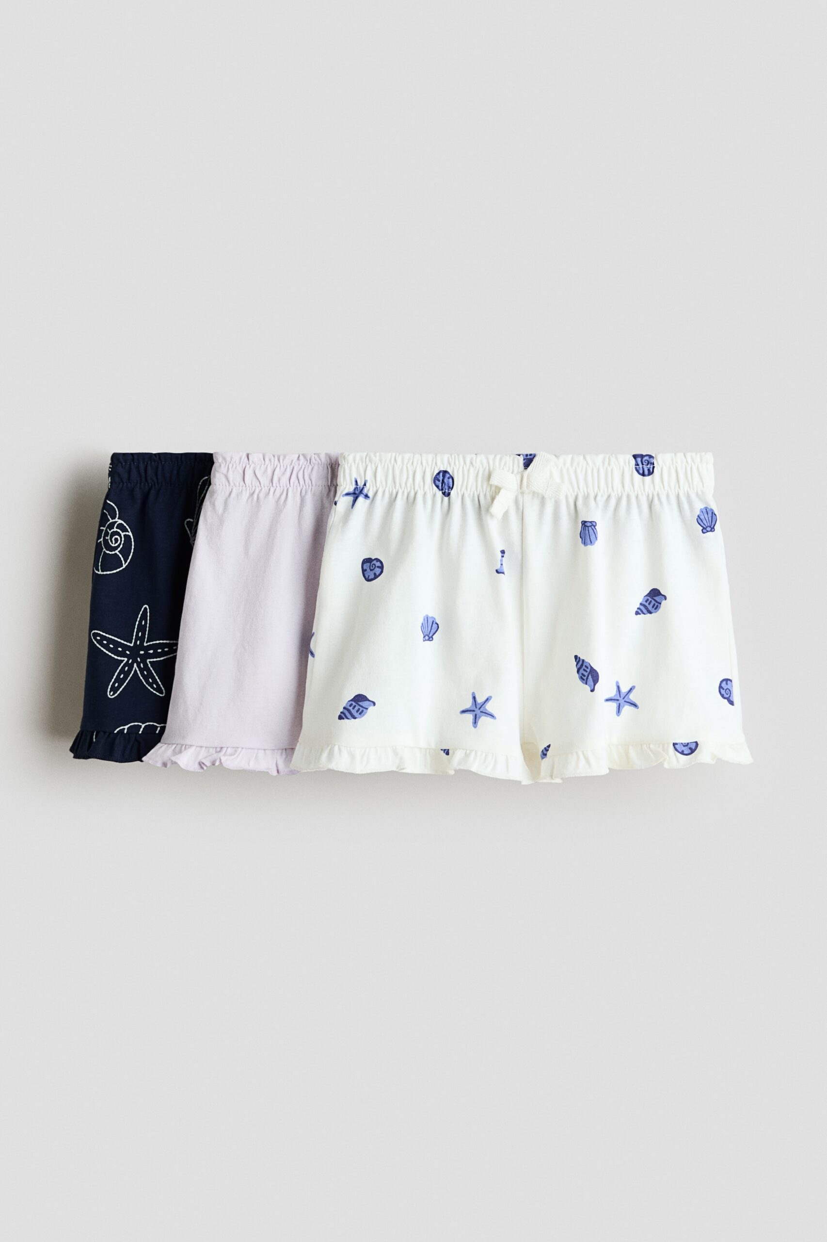 H & M - Set van 3 katoenen shorts met volantrandjes - Wit/Schelpen