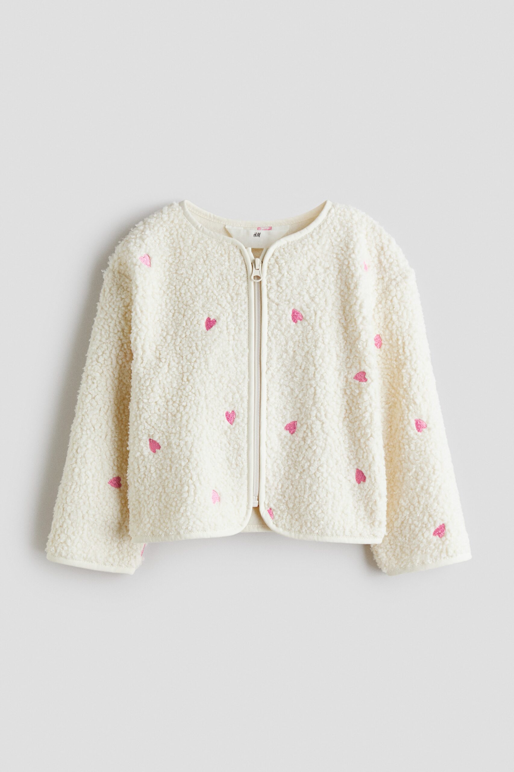 H & M - Teddy jasje met borduursel - Roomwit/Hartjes