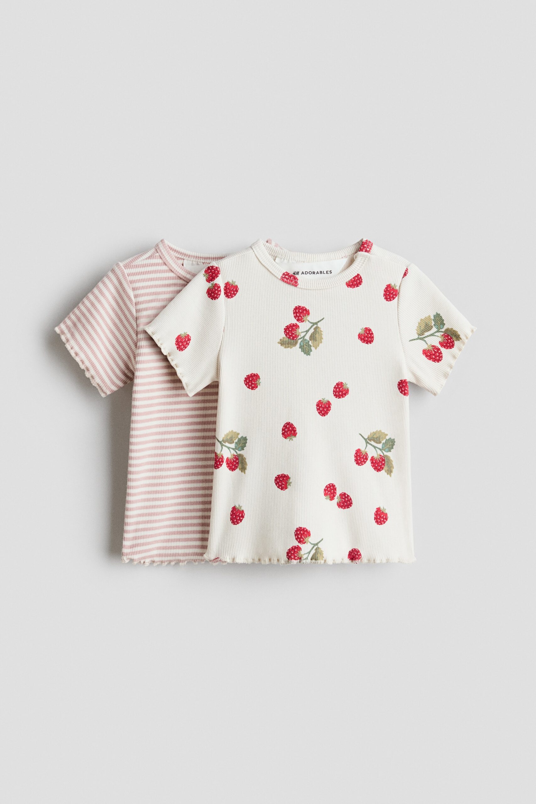 H & M - Set van 2 geribde katoenen tops - Roomwit/Frambozen