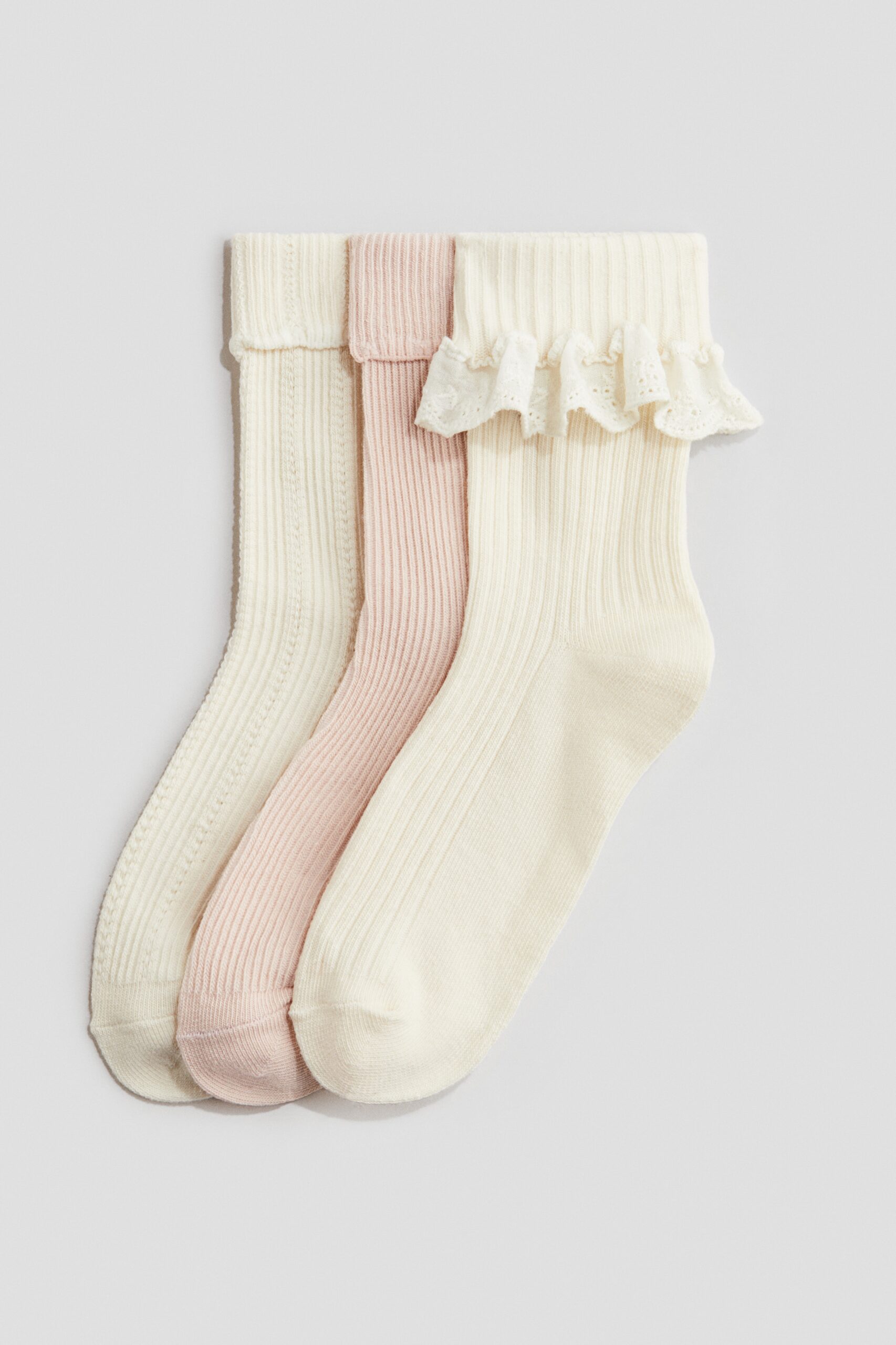 H & M - 3 paar sokken met overlockte randen - Roomwit/Lichtroze