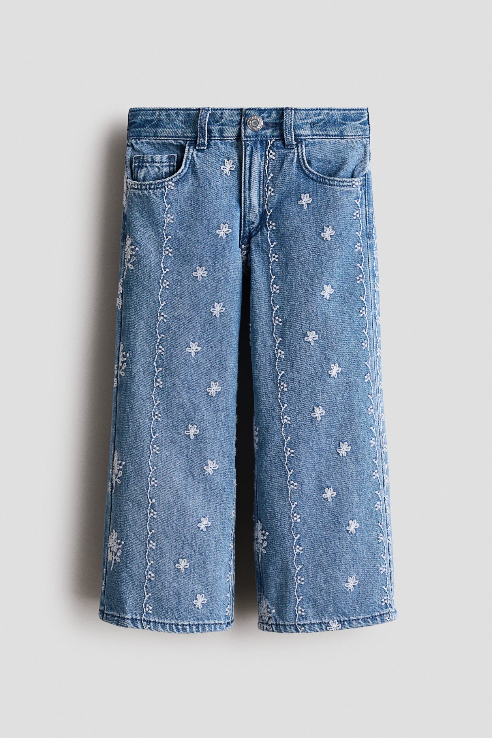 H & M - Wide Leg Jeans met borduursel - Denimblauw