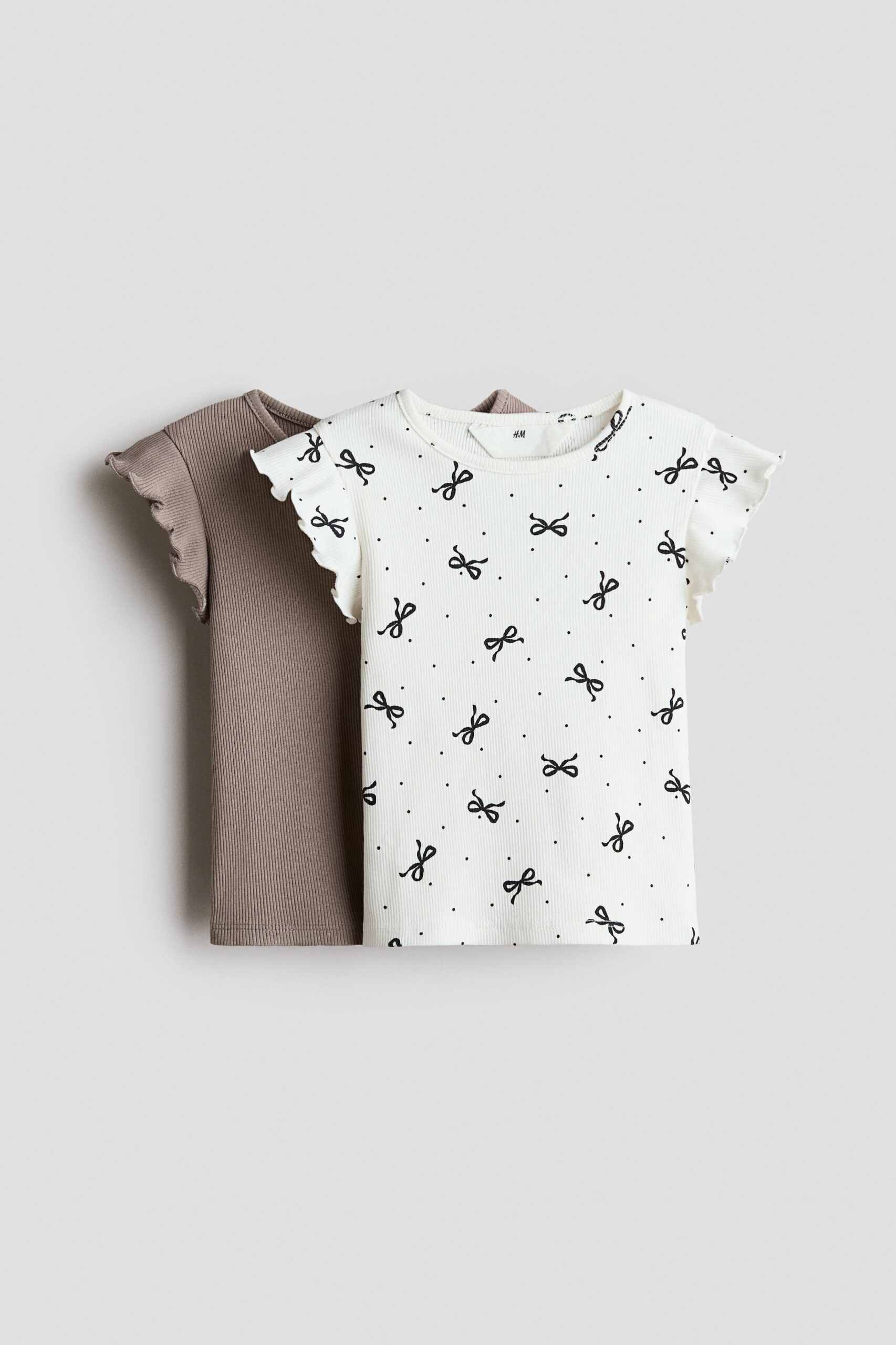 H & M - Set van 2 geribde katoenen tops - Roomwit/Strikjes