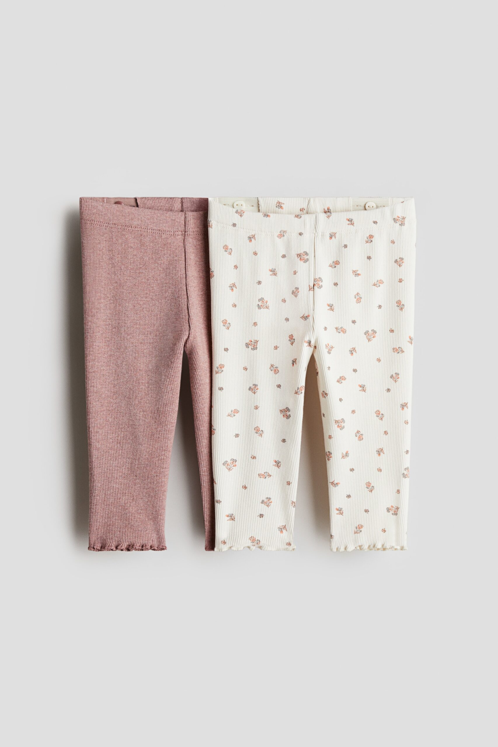 H & M - Set van 2 geribde katoenen leggings - Dusty Roze/Bloemen