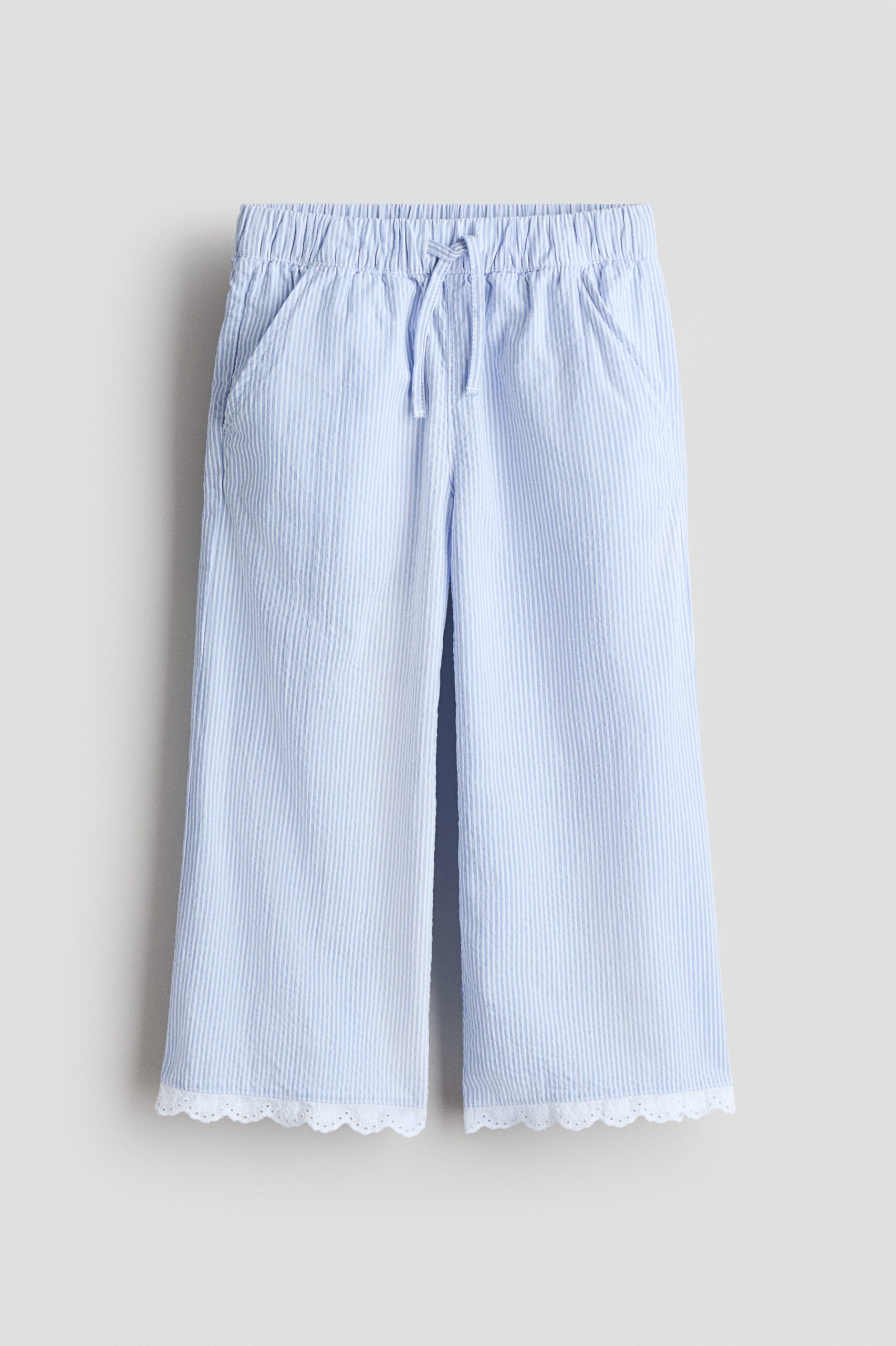 H & M - Broek van seersucker met kant - Lichtblauw/Gestreept
