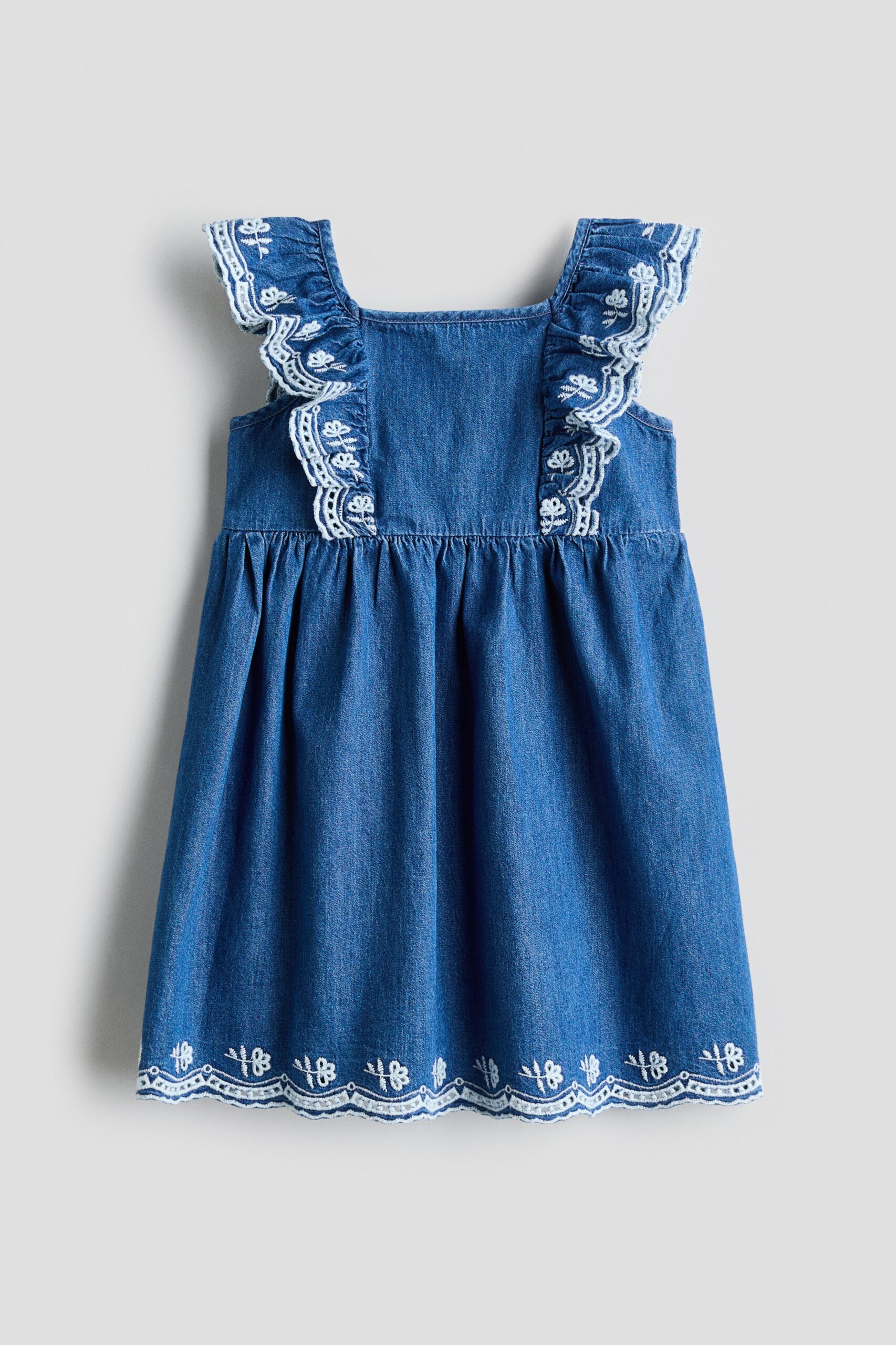 H & M - Denim jurk met borduursel - Denimblauw/Bloemen