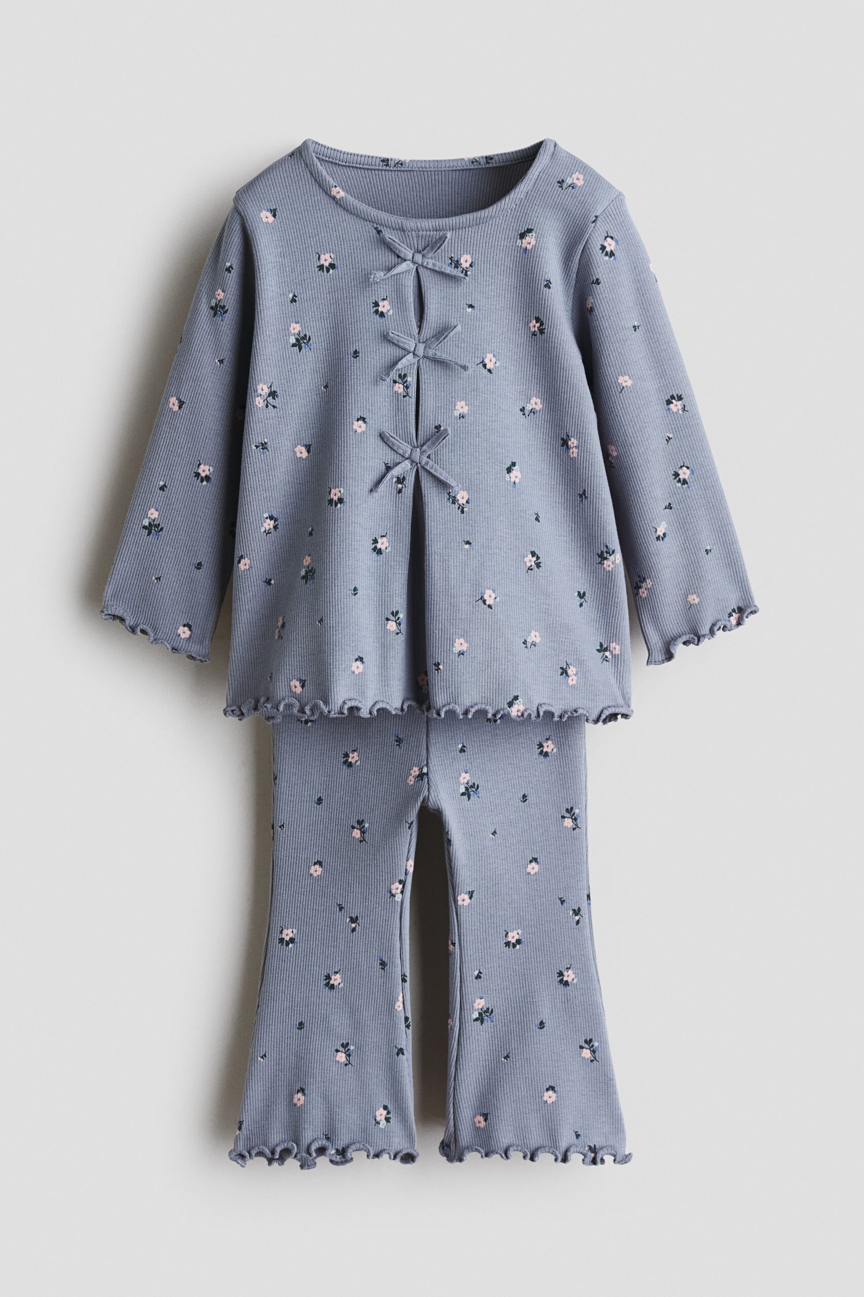 H & M - Tweedelige set van geribd katoen - Dusty Blue/Floral