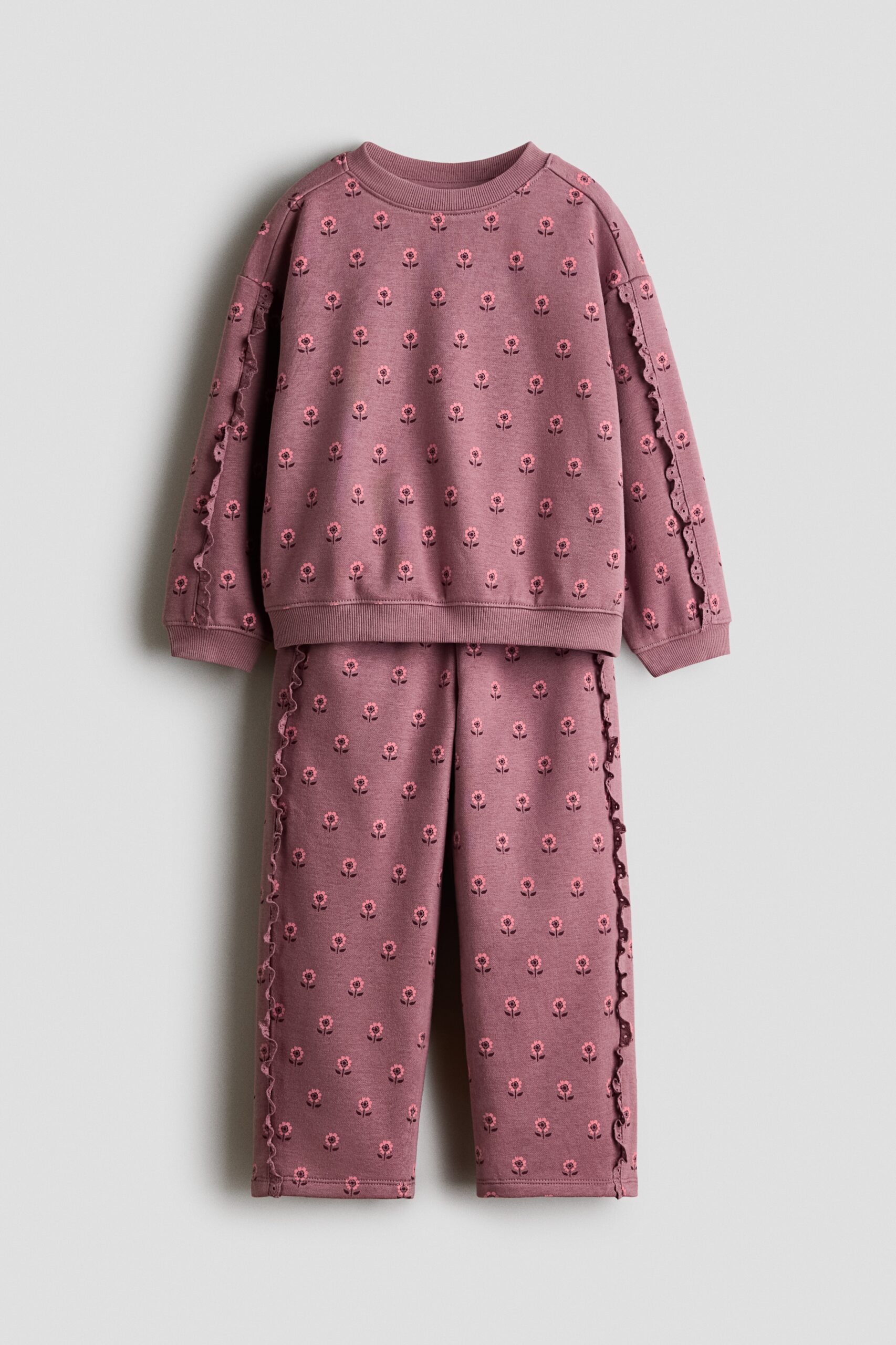 H & M - Tweedelige set van joggingstof met print - Dusty Donkerroze/Bloemen