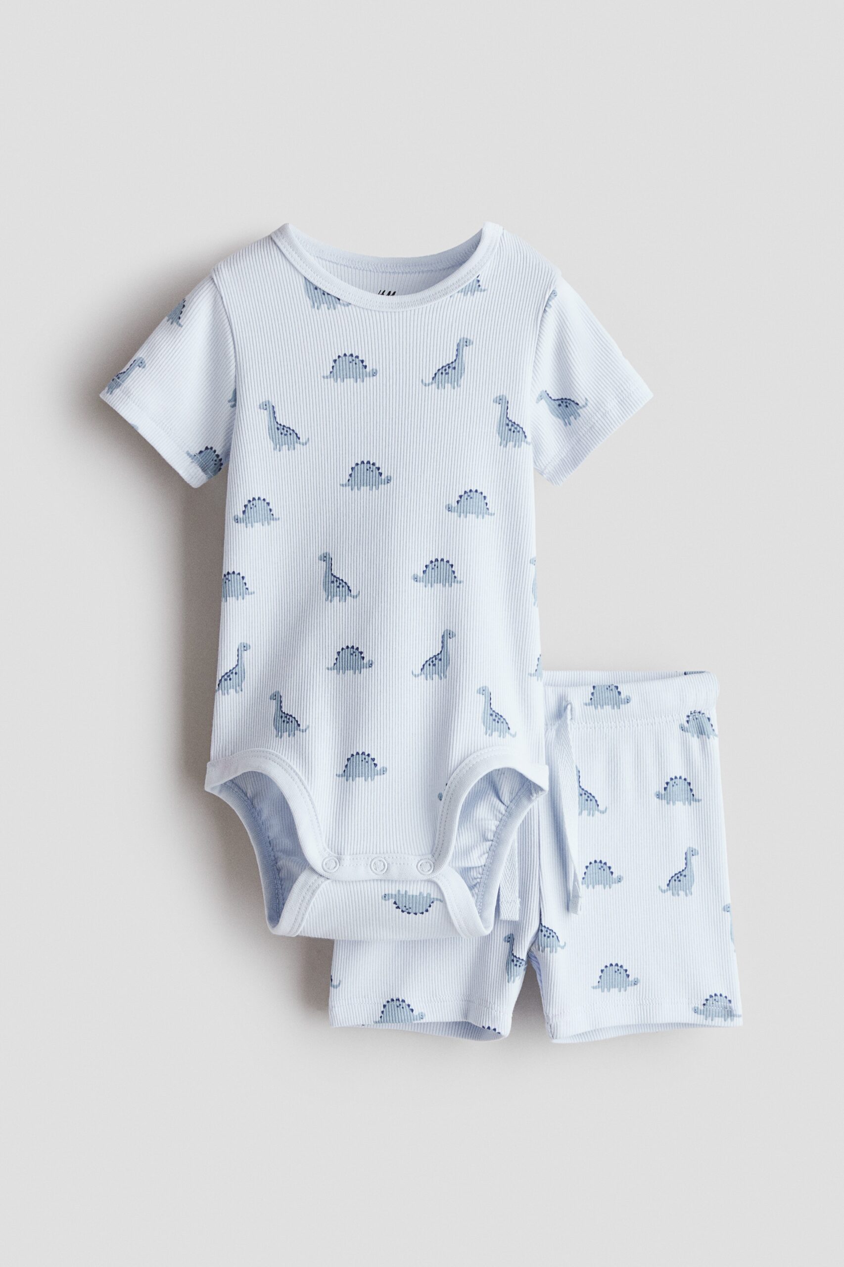 H & M - Tweedelige geribde katoenen set - Lichtblauw/Dinosaurussen