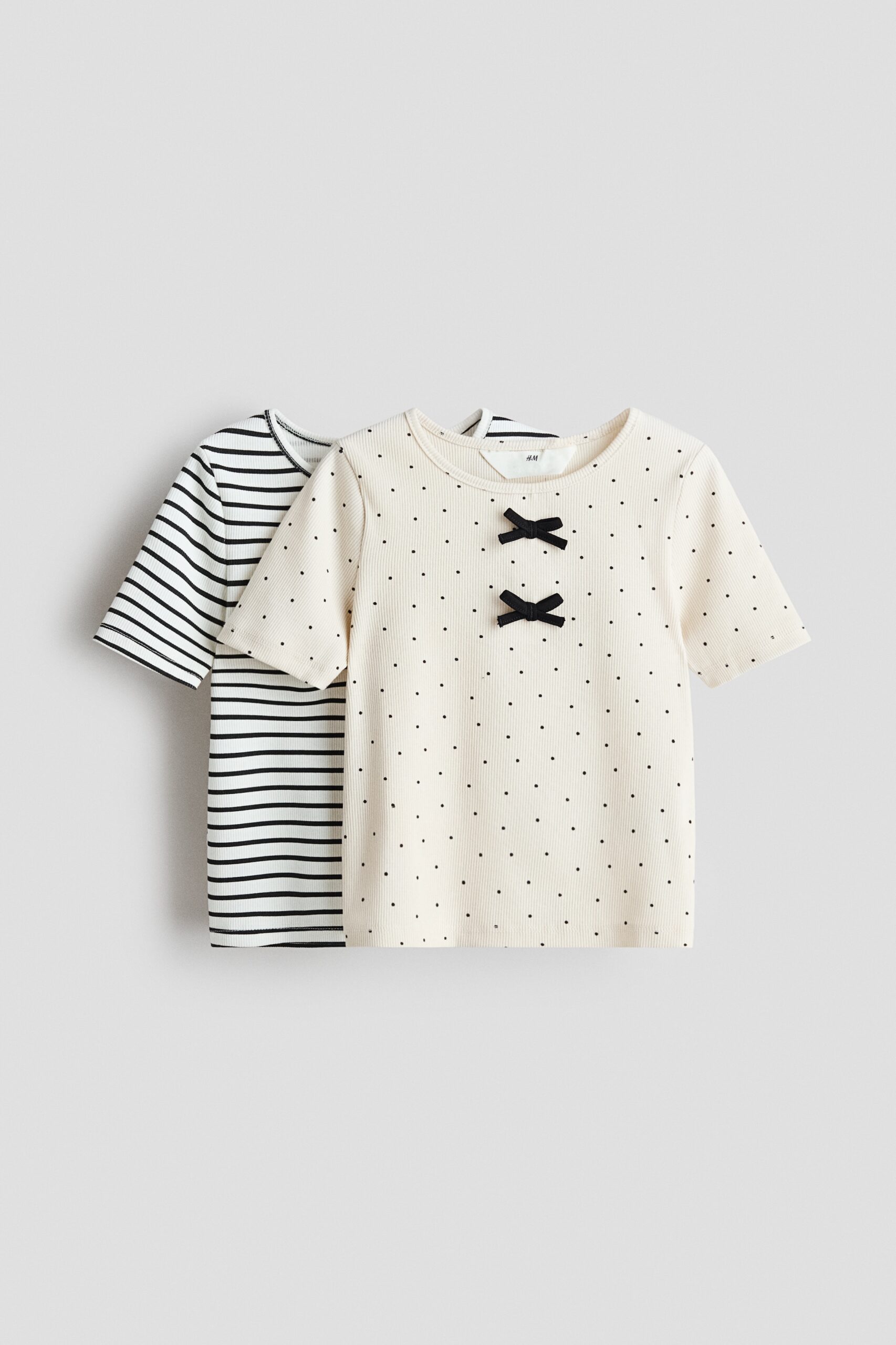 H & M - Set van 2 geribde katoenen tops - Roomwit/Gestreept