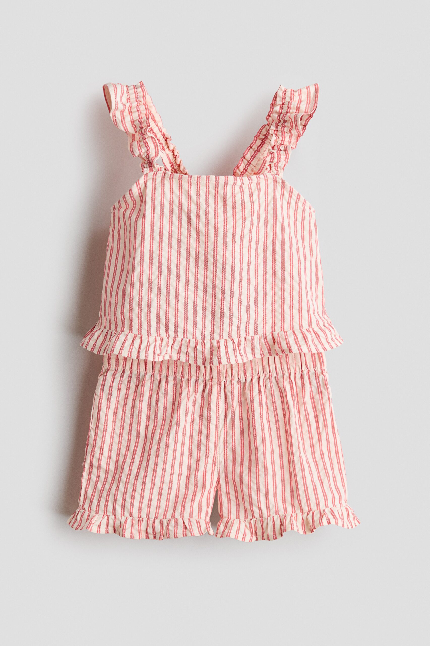H & M - Tweedelige katoenen set met volants - Rood/Beige/Gestreept