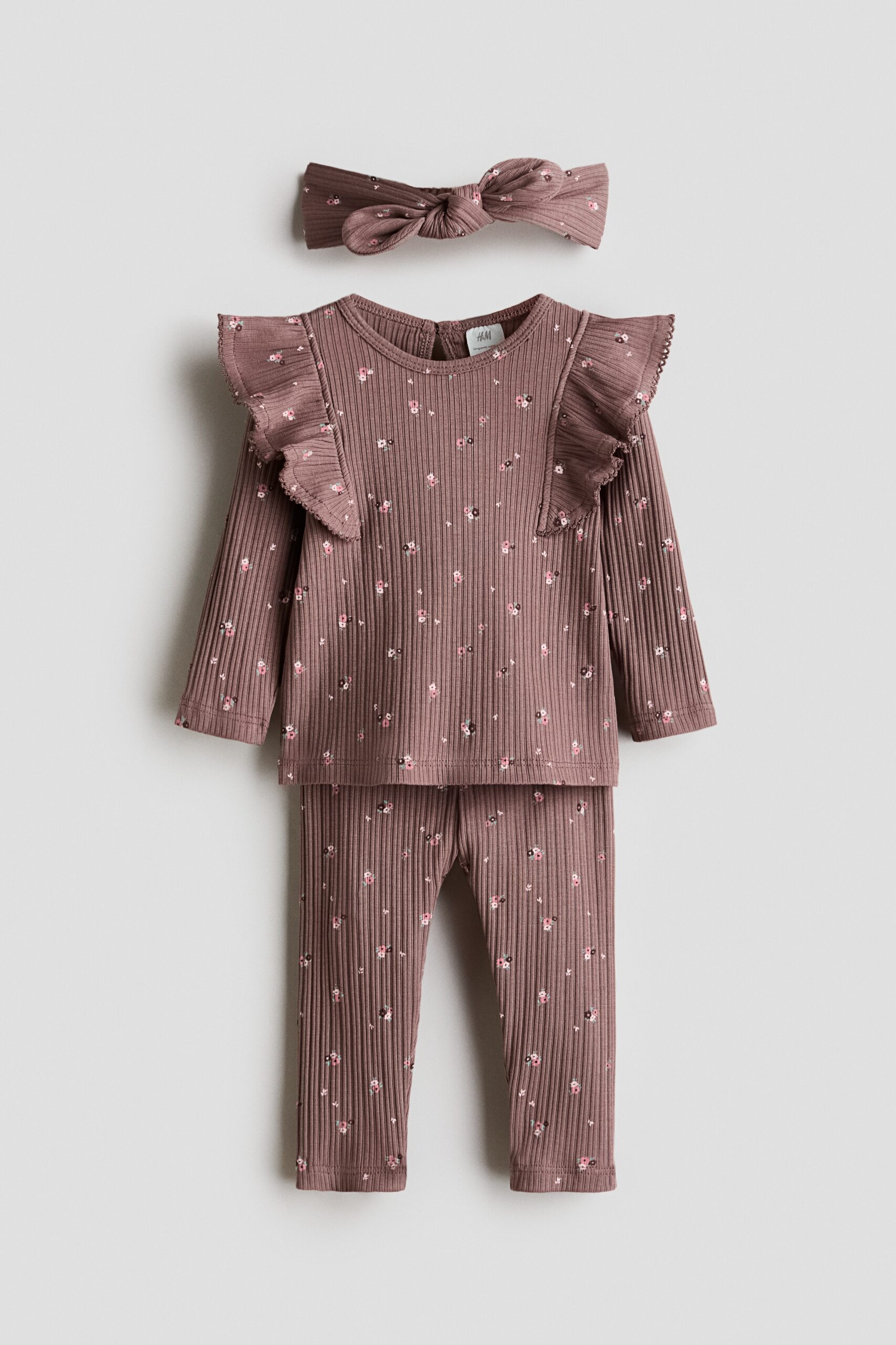 H & M - Driedelige katoenen set met print - Bruin/Bloemen