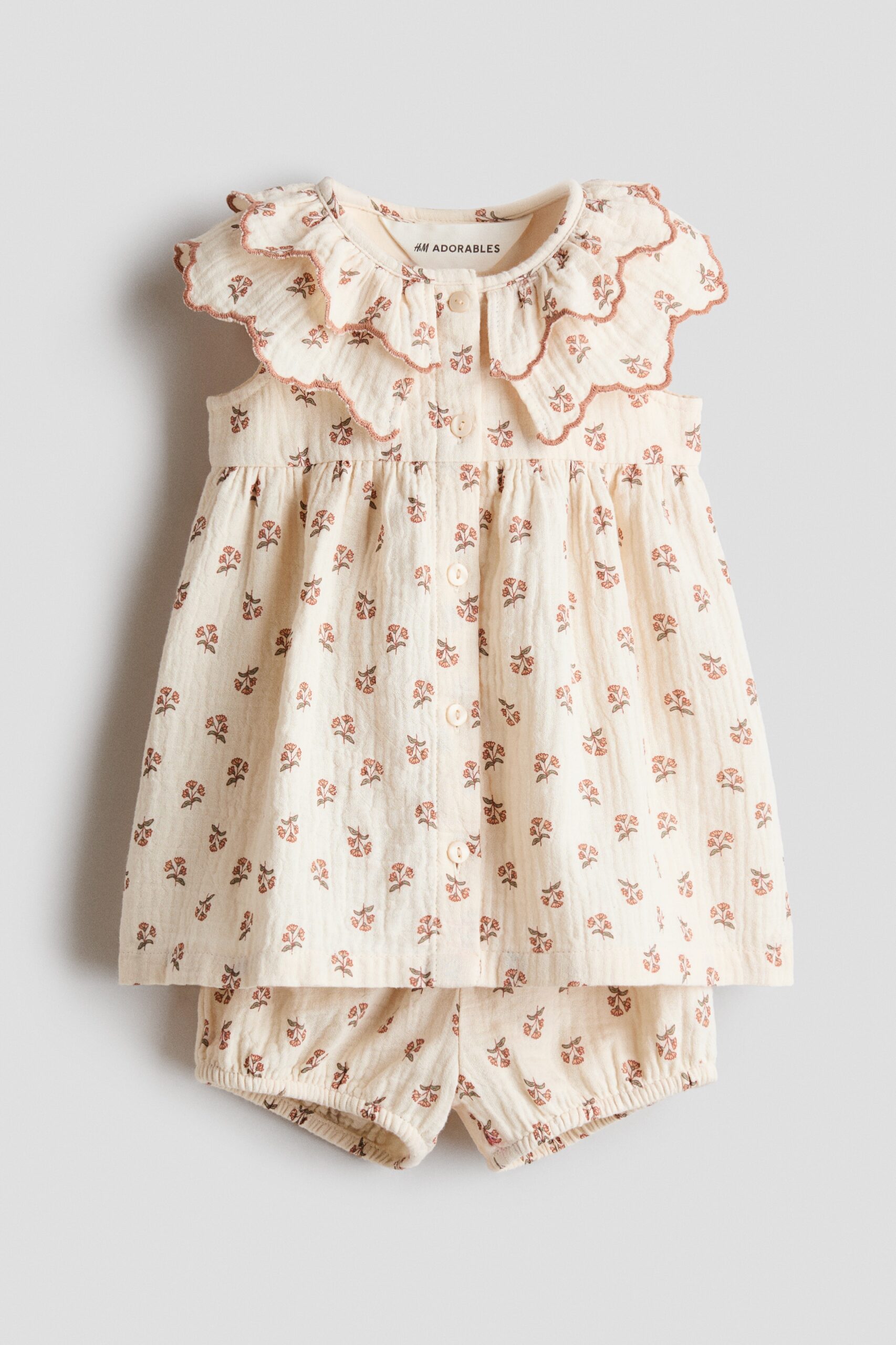 H & M - Tweedelige katoenen set met print - Lichtbeige/Bloemen