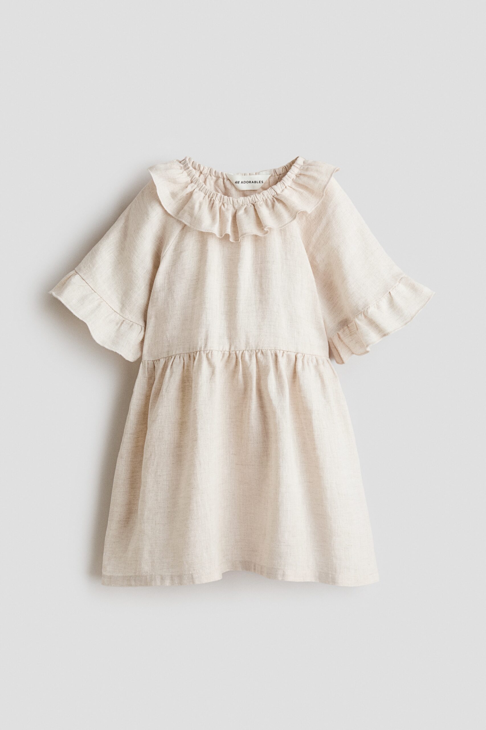 H & M - Linnen jurk met volantkraag - Lichtbeige