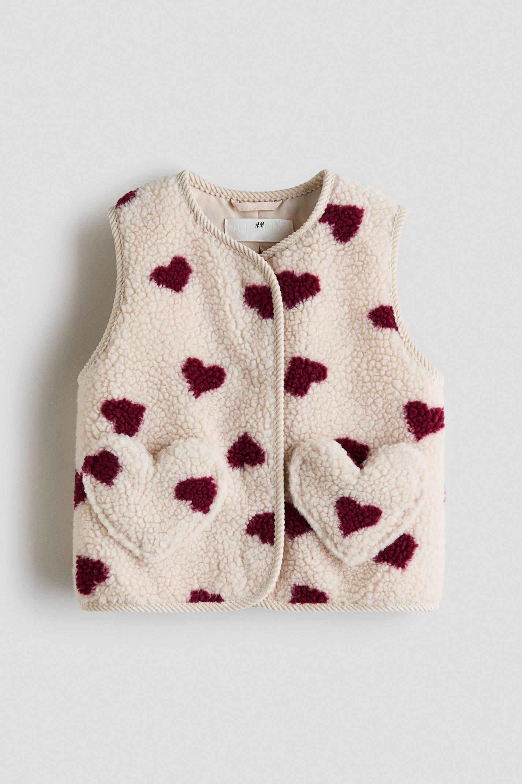 H & M - Teddy gilet met dessin - Lichtbeige/Hartjes