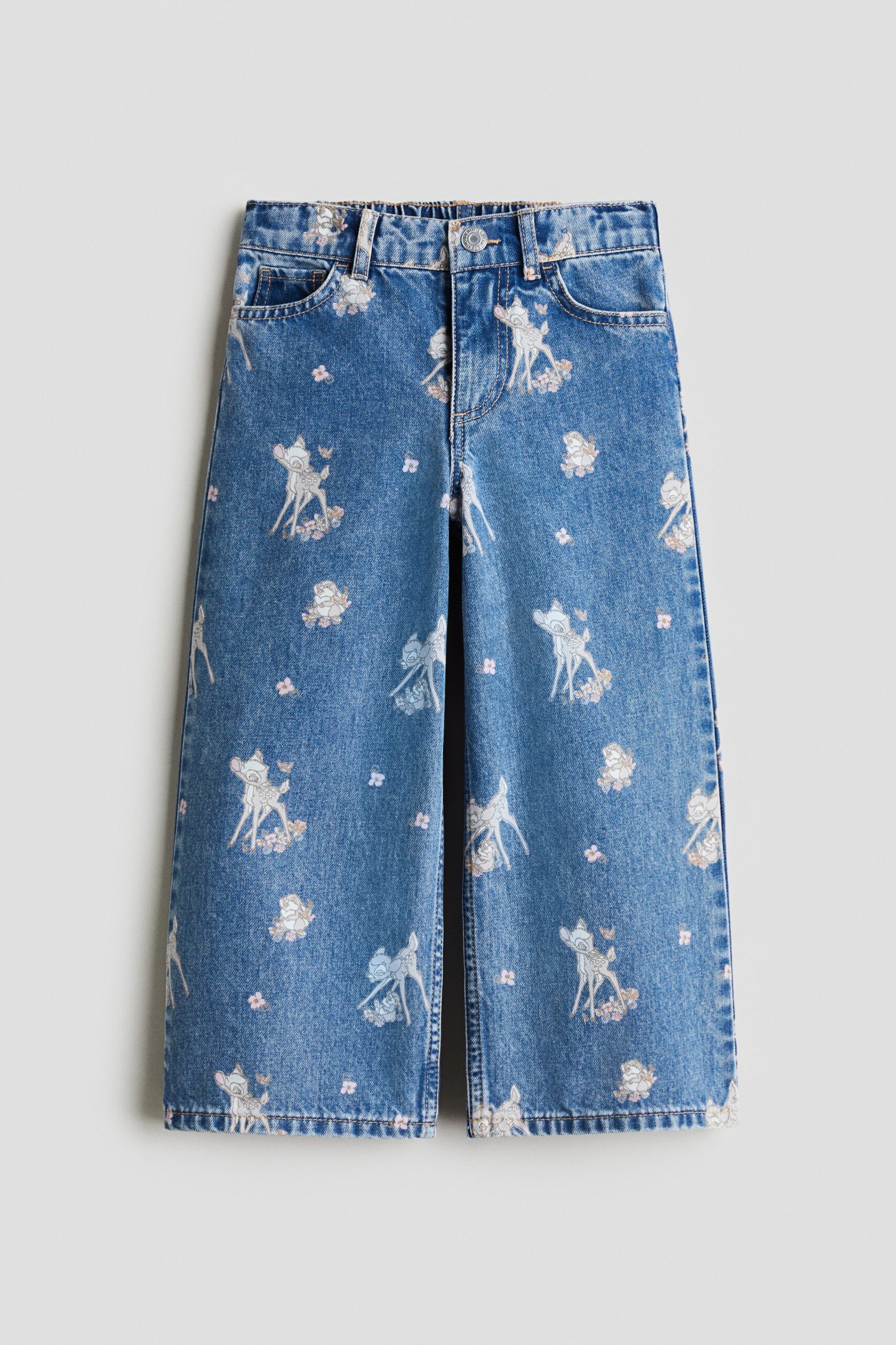 H & M - Wide Leg Jeans met print - Denimblauw/Bambi