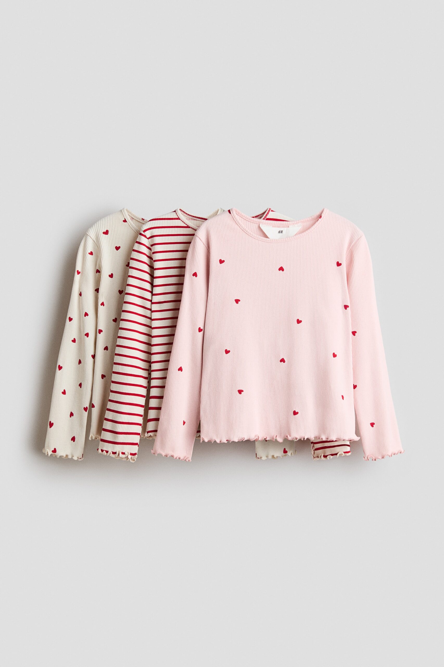 H & M - Set van 3 tops van ribtricot - Lichtbeige/Hartjes