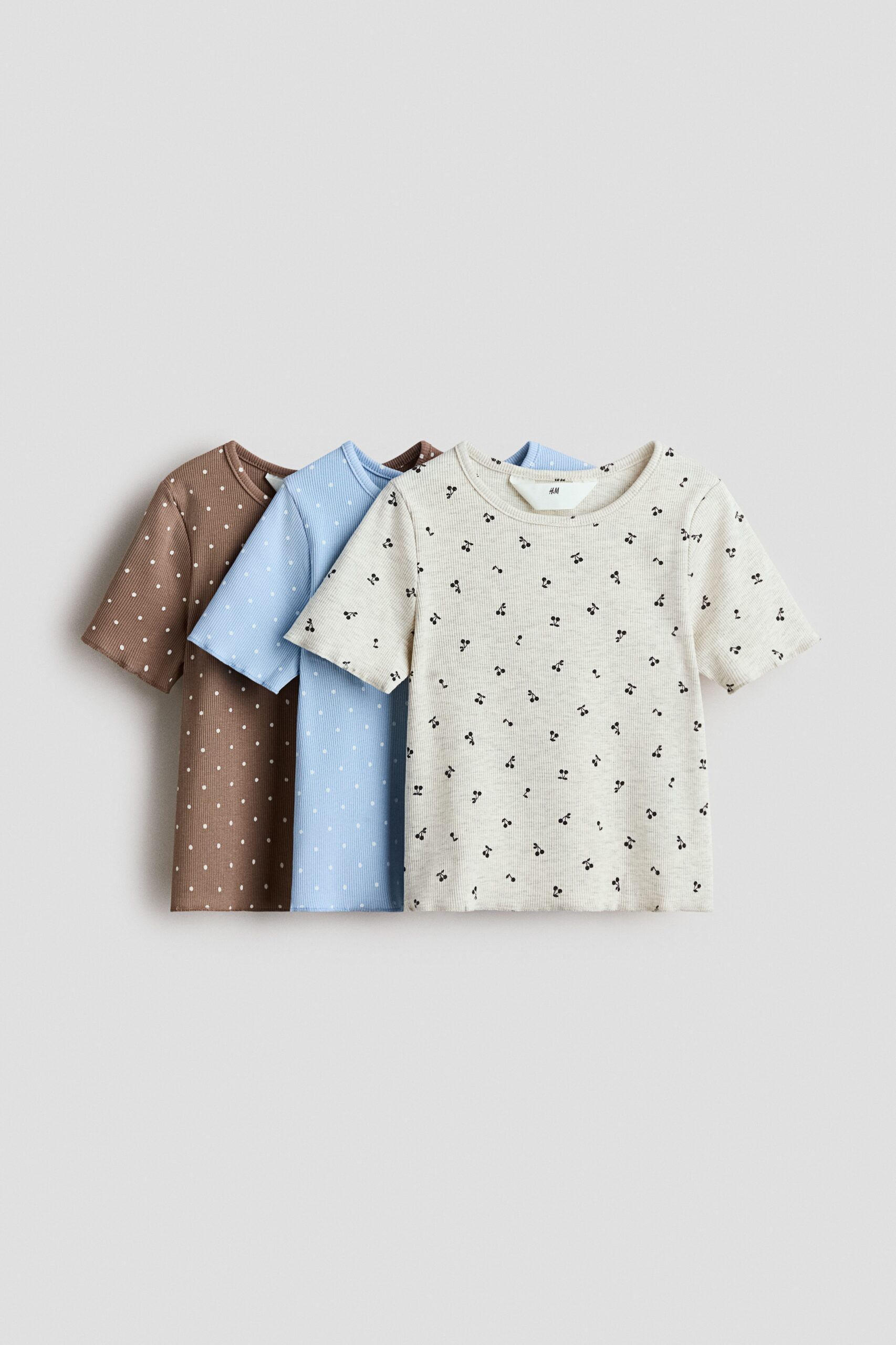 H & M - Set van 3 tops van katoenen ribtricot - Beige Gemêleerd/Lichtblauw