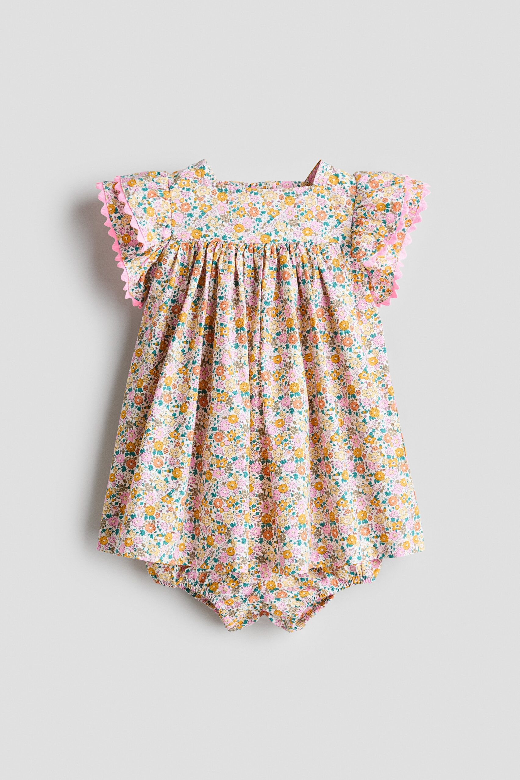 H & M - Tweedelige katoenen set - Jurk en pofbroekje - Geel/Bloemen