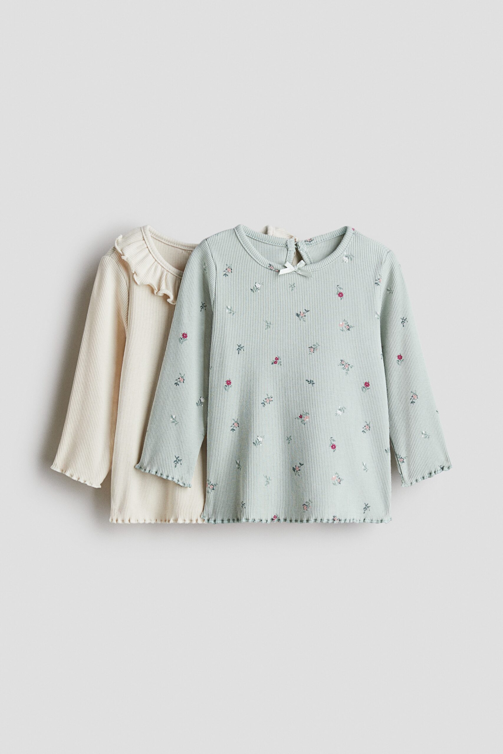 H & M - Set van 2 tops van ribtricot - Lichtturkoois/Bloemen