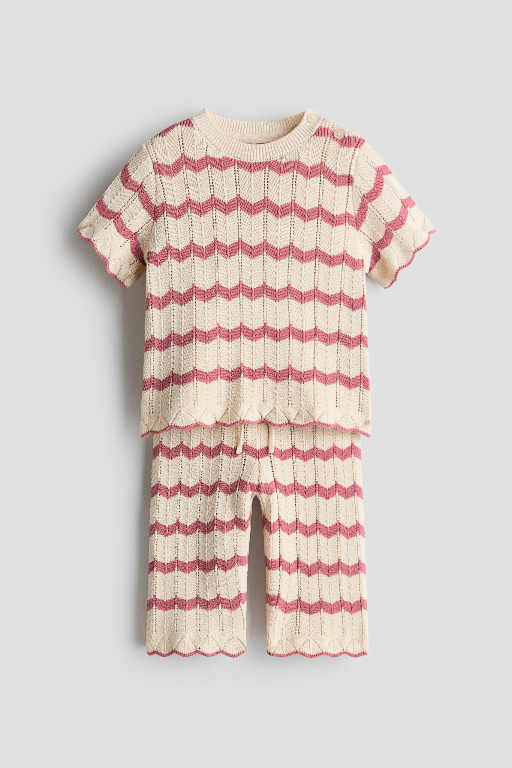 H & M - Tweedelige ajourgebreide set van katoen - Lichtbeige/Roze Gestreept
