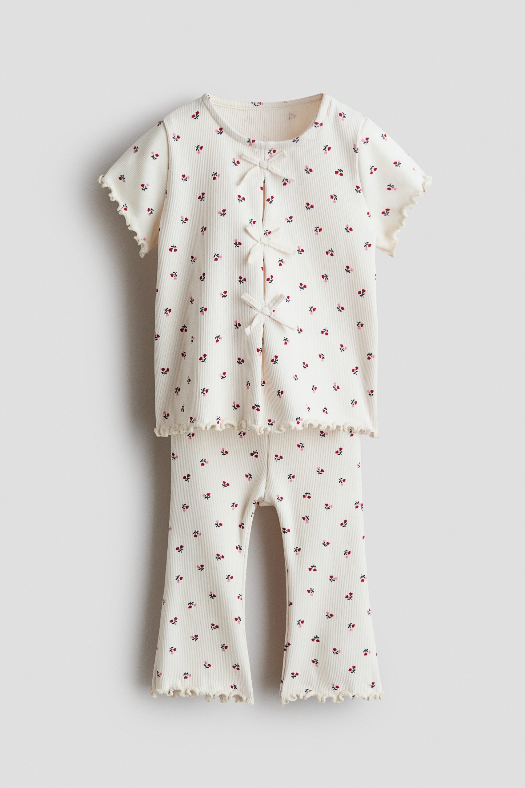 H & M - Tweedelige set van geribd katoen - Wit/Bloemen