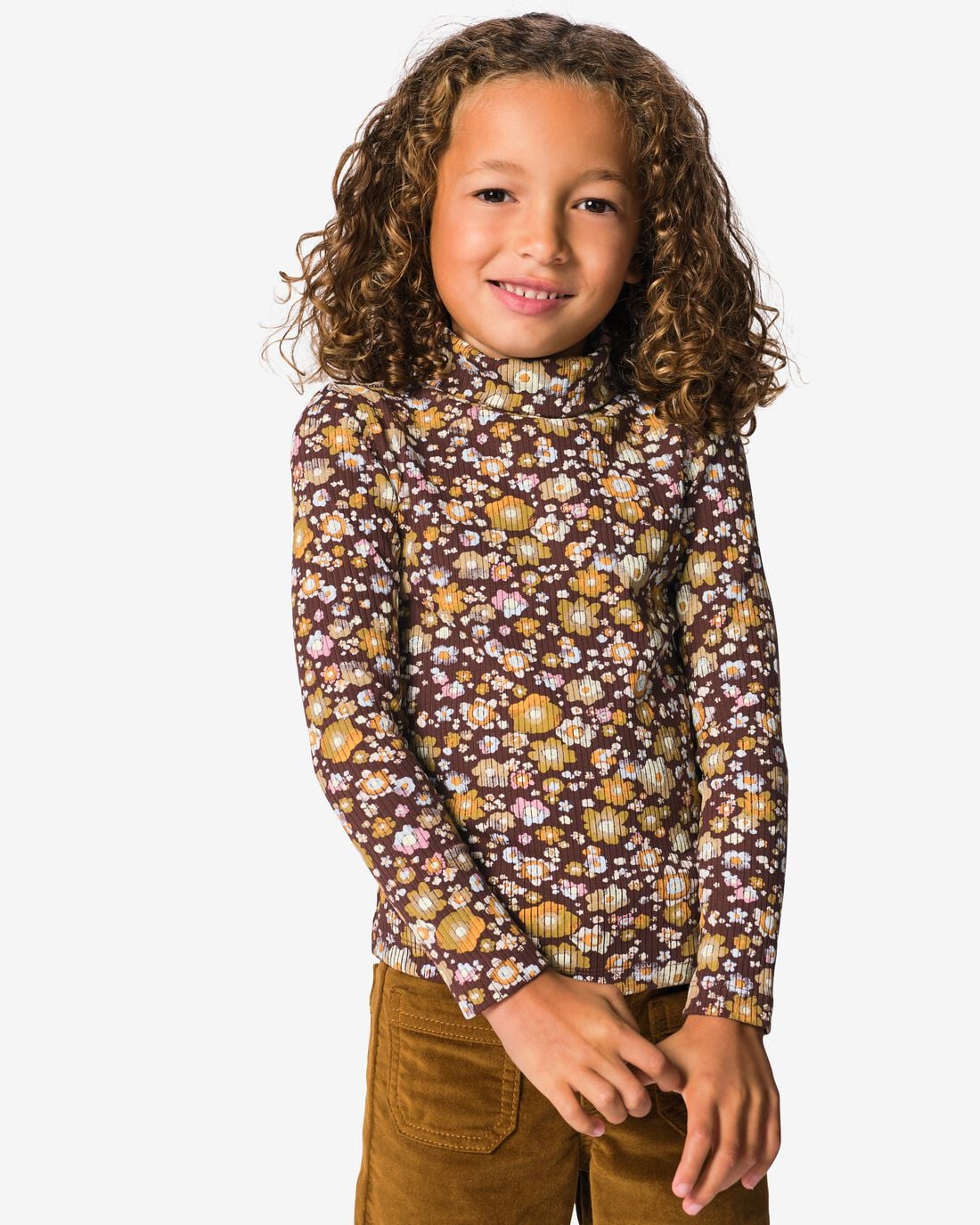 HEMA HEMA Kinder T-shirt Rib Bloemen Bruin