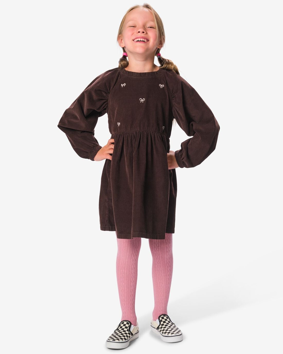 HEMA HEMA Kinderjurk Wijd Corduroy Bloemen Chocoladebruin