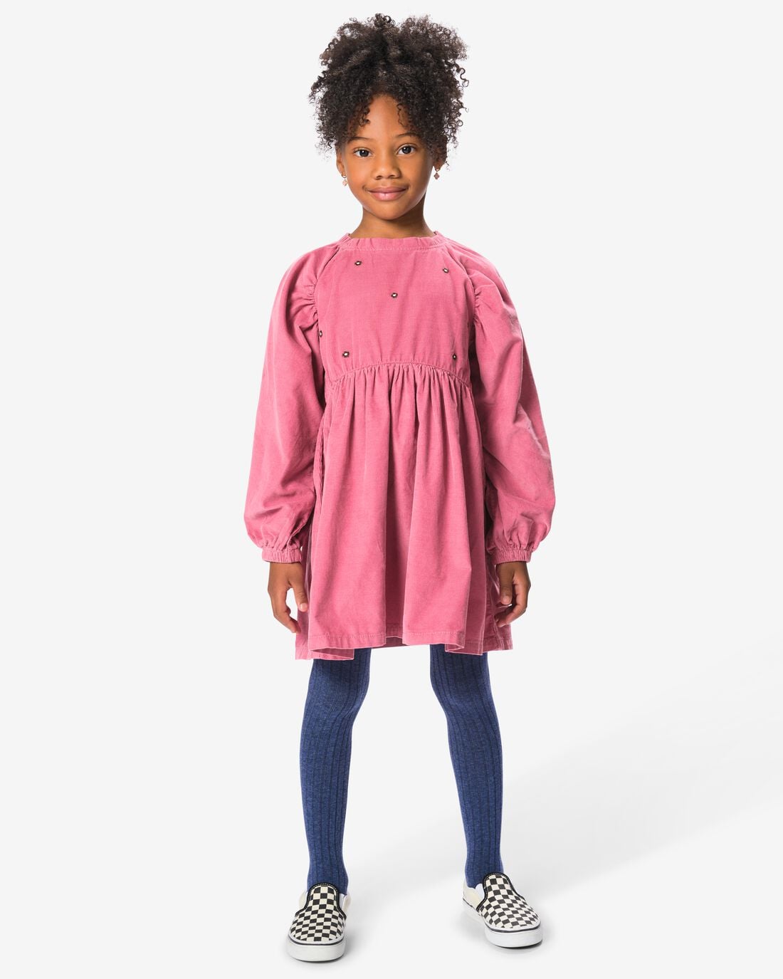 HEMA HEMA Kinderjurk Wijd Corduroy Bloemen Oudroze