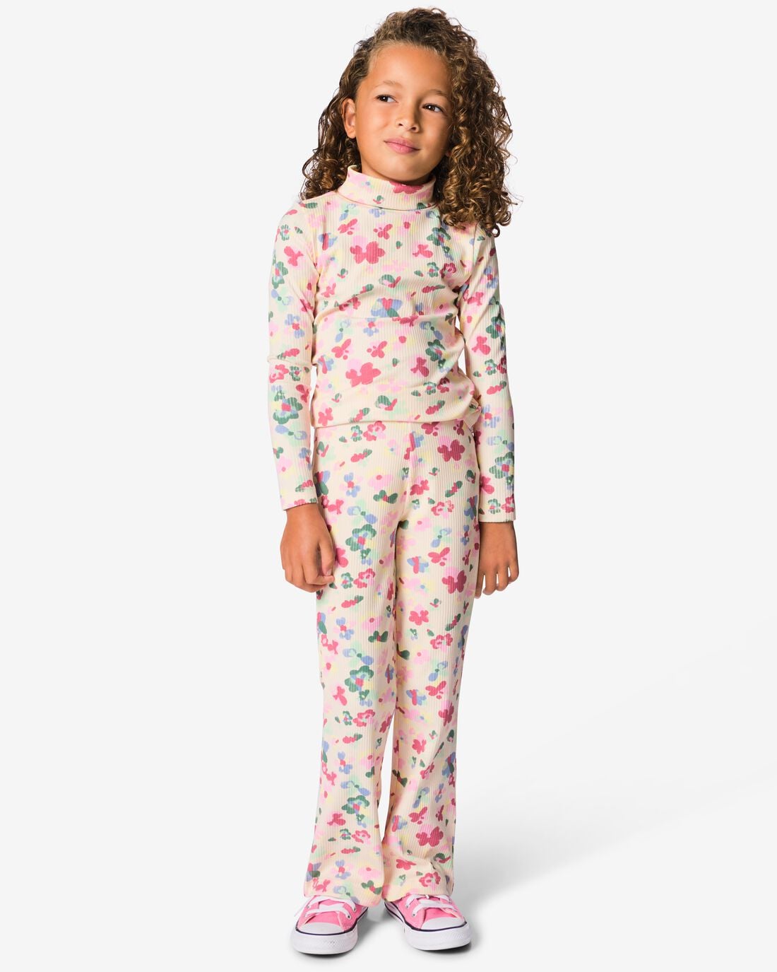 HEMA HEMA Kinderlegging Bootcut Rib Bloemen Roze