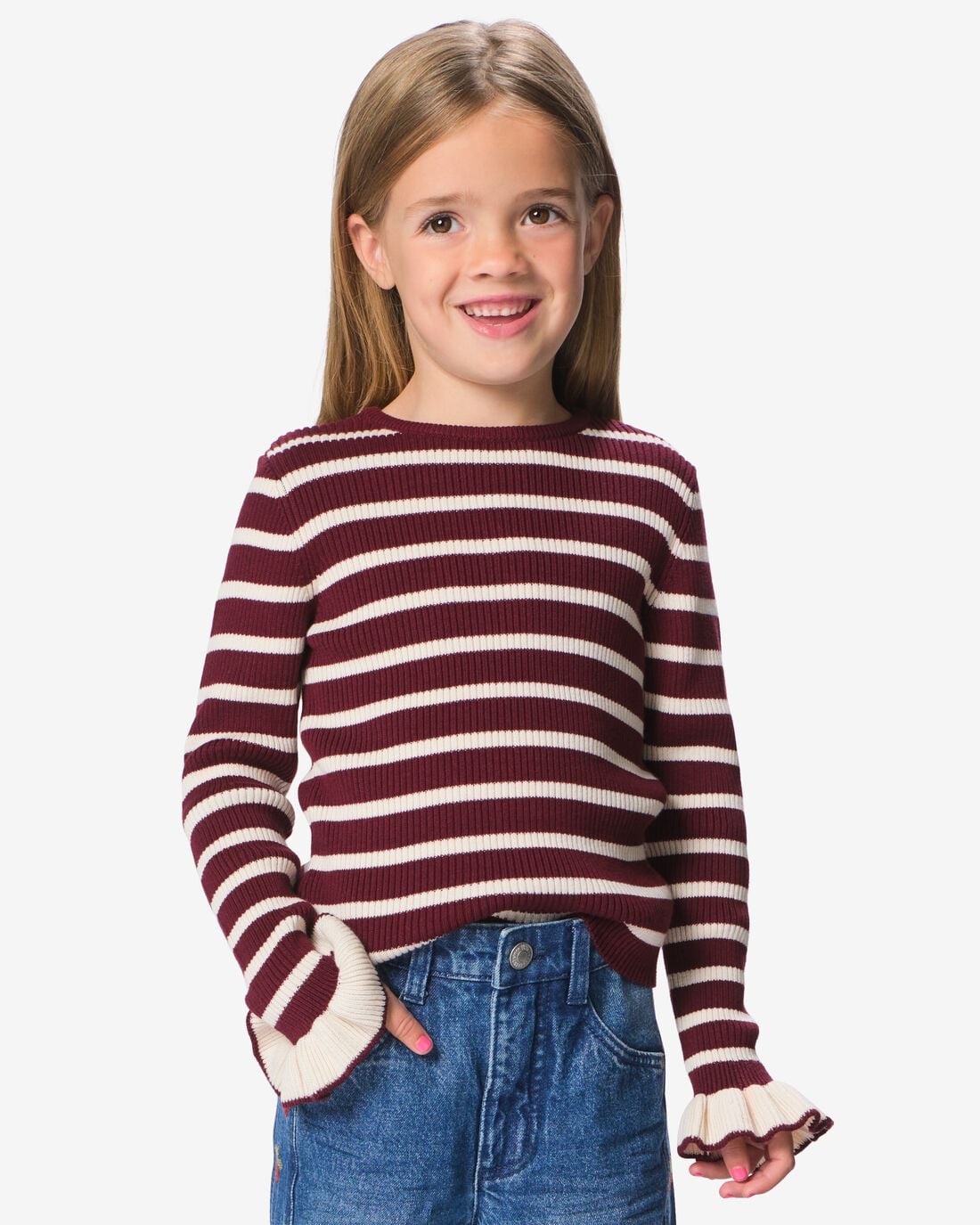 HEMA HEMA Kindertrui Rib Fijngebreid Strepen Bordeauxrood